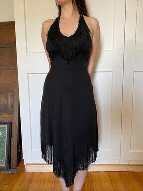 Vintage Authentic 70s Black Fringe Halter Midi Dress